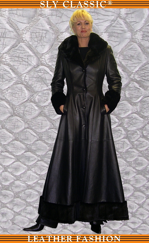 Női hosszú bőrkabát (irha gallér) - Sly Classic Leather Fashion